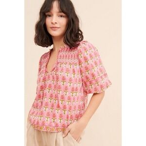 SAYLOR Davina Dahlia Floral Block Print Top M $245 Cotton Puff Sleeve FLAW READ